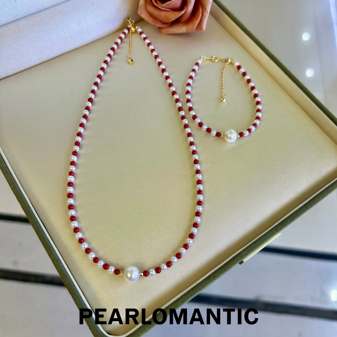 [Designer's Choice] Freshwater & Akoya Pearl & Red Coral Necklaces & Bracelets SET
