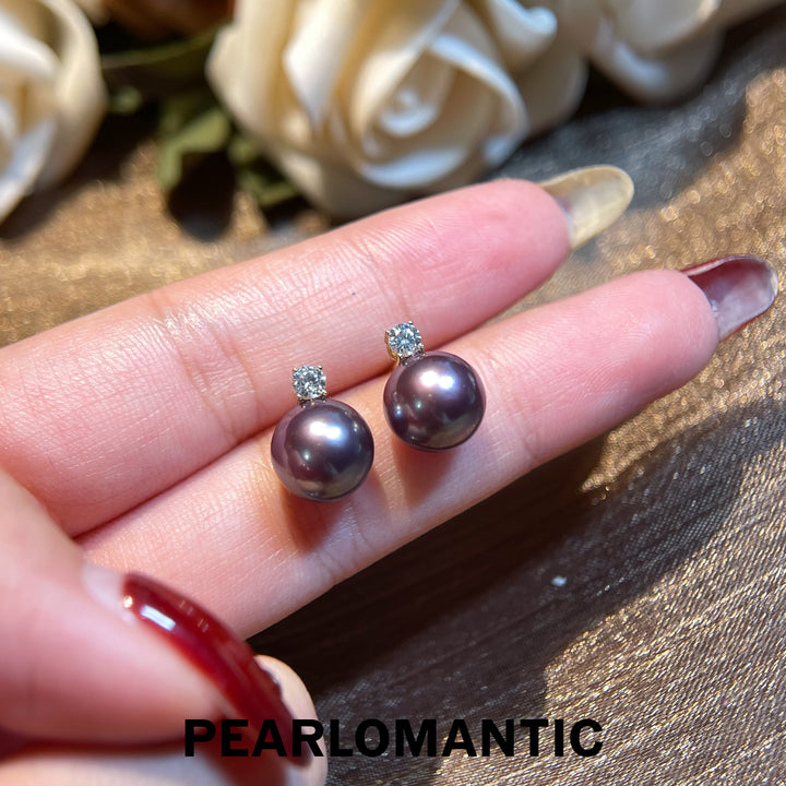 [Fine Jewelry] 18k Gold Freshwater Pearl 9-10mm Top Level Purple Color Princess Earring Studs