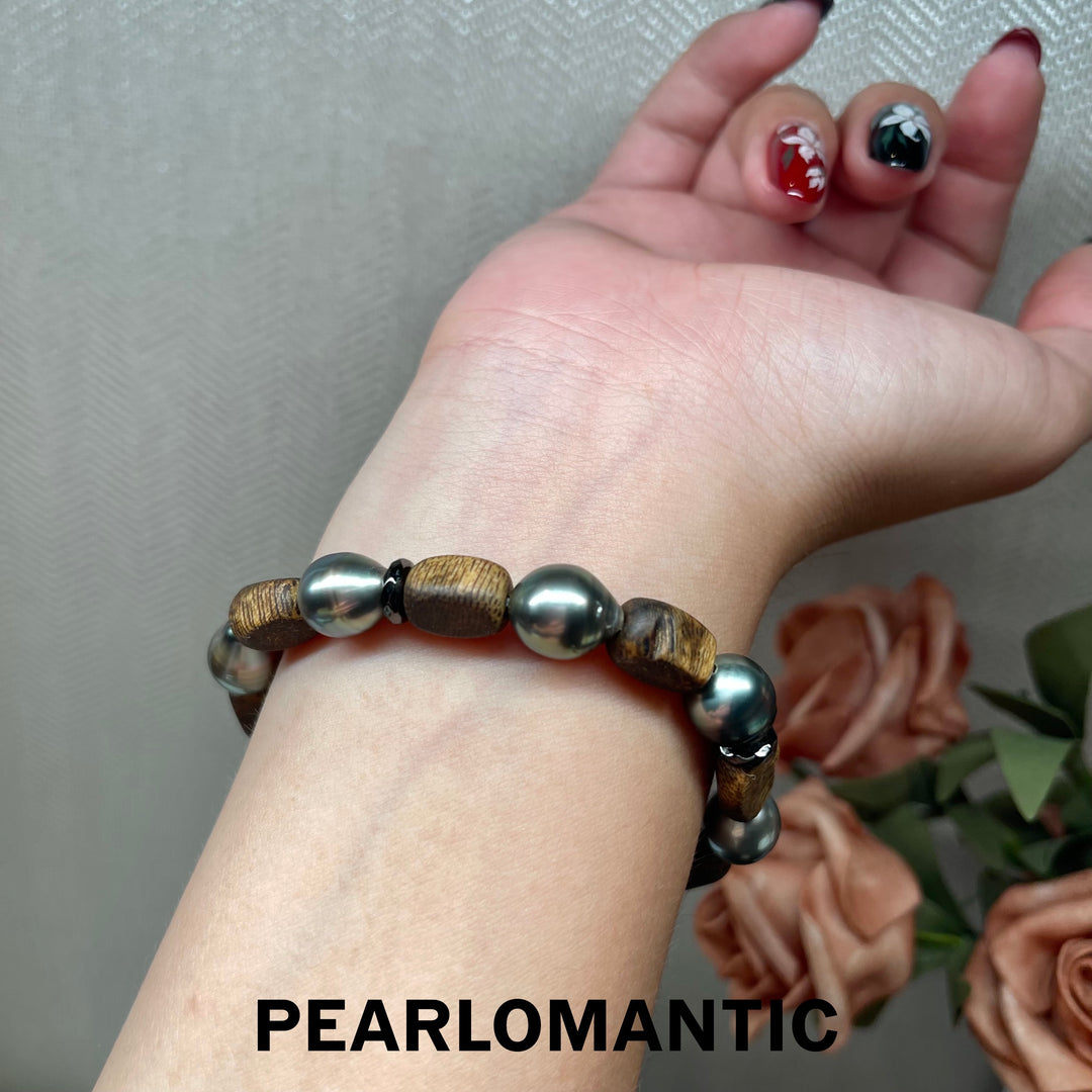 [618 Sale] Natural Sandalwood Tahitian Pearl Bracelet w/ S925 Silver