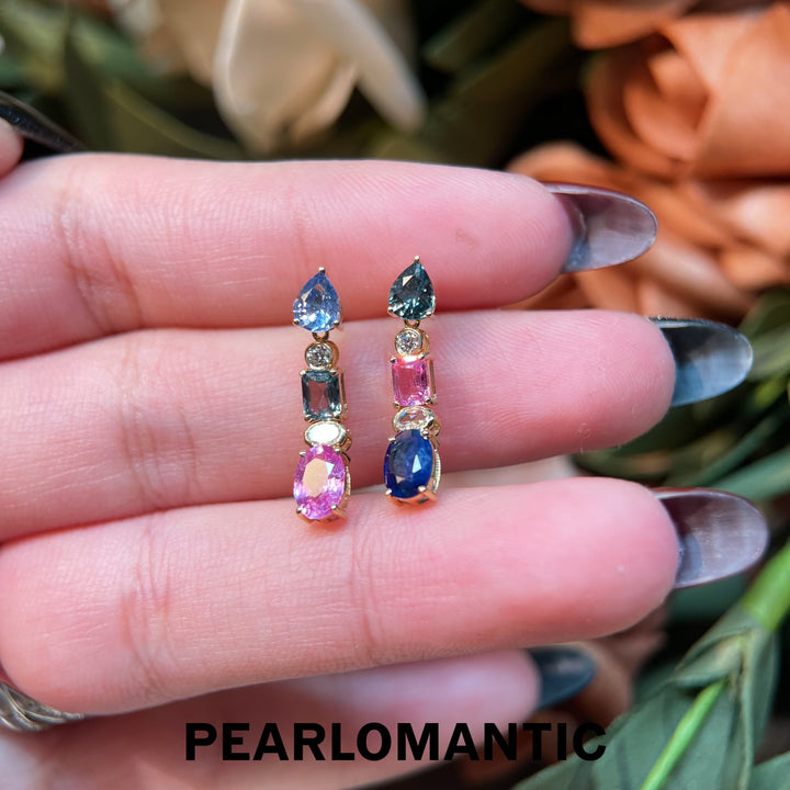 [Fine Jewelry] Solitary Gemdrop 18K Gold Earrings with Rainbow Colorful Sapphires