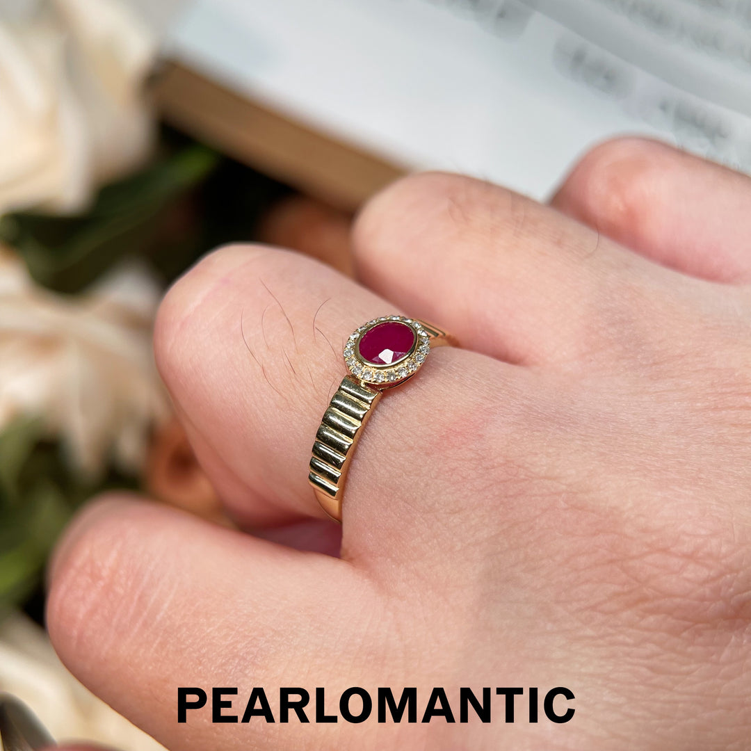 [Fine Jewelry] Ruby & Diamonds 18k Gold Ribbed Band Rings