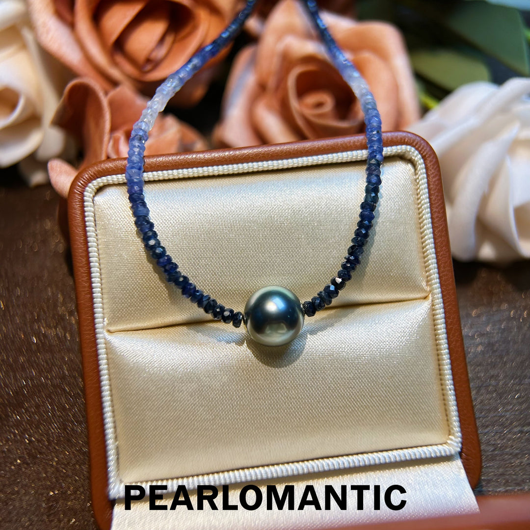 [Designer's Choice] Sapphire & Tahitian Black Pearl (4A+ Peacock Green) Adjustable Necklace