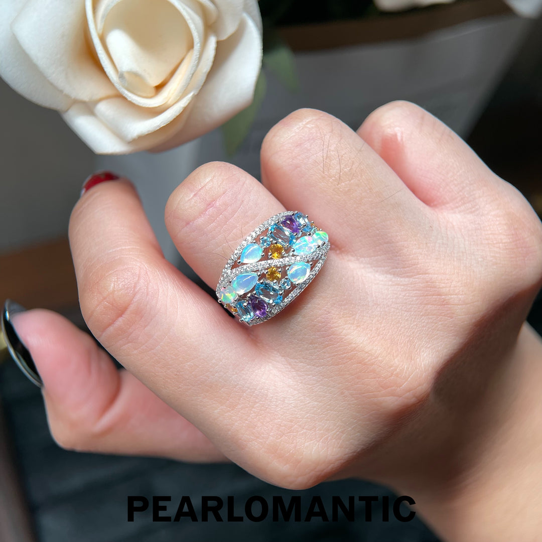 [618 Sale] Natural Opal Multi Gem Wide Band Ring w/ S925 Silver