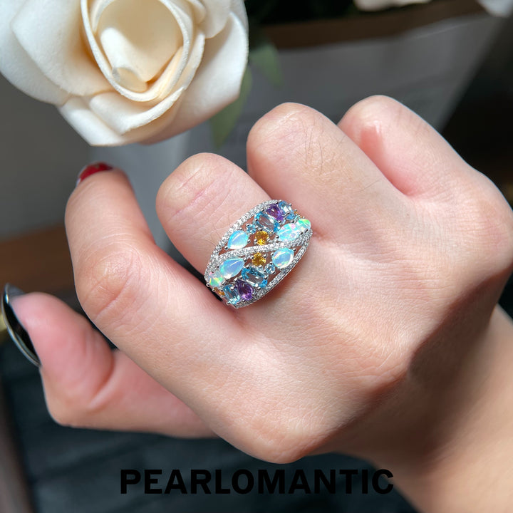 [618 Sale] Natural Opal Multi Gem Wide Band Ring w/ S925 Silver