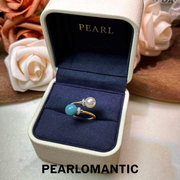[Designer’s Choice] Ocean Duo 8–8.5mm Turquoise &amp; Akoya Pearl Gold-Plated Open Bangle