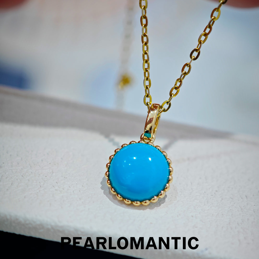 [618 Sale] 1.8ct American Turquoise Round Pendant w/ 18K Gold Clasp
