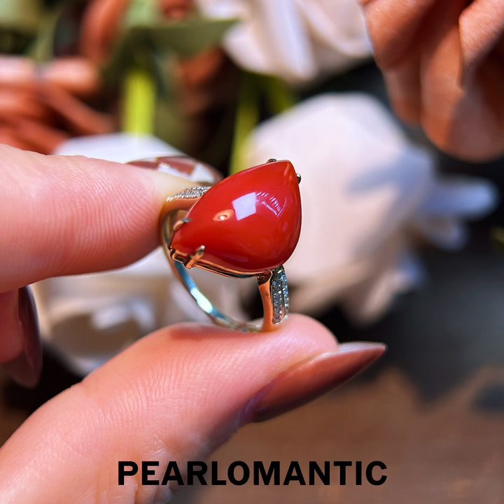 [Fine Jewelry] Red Coral Big Size 6.26ct Unique Design Ring w/ 14k Gold & Diamonds