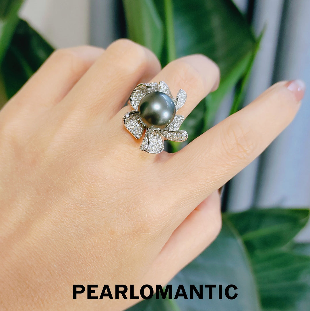 [Designer's Choice] Tahitian Black Pearl Floral Sparkle 12.5mm Adjustable Silver Ring