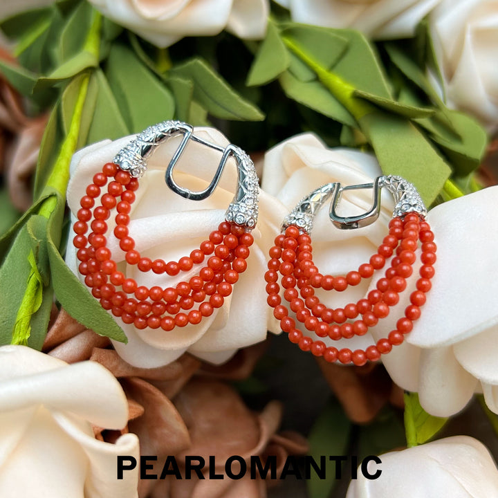 [New Year] Italian Natural Coral 2-2.5mm Round Multi-layer Earrings w/ S925