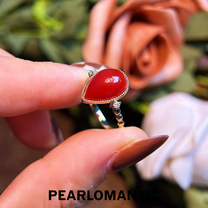 [Fine Jewelry] Red Coral Big Size 3.713ct Perfect Color Ring w/ 14k Gold & Diamonds
