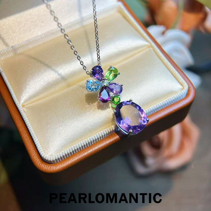 [Designer's Choice] S925 Silver Amethyst & Multi-Gem Floral Necklace w/ Silver Chain