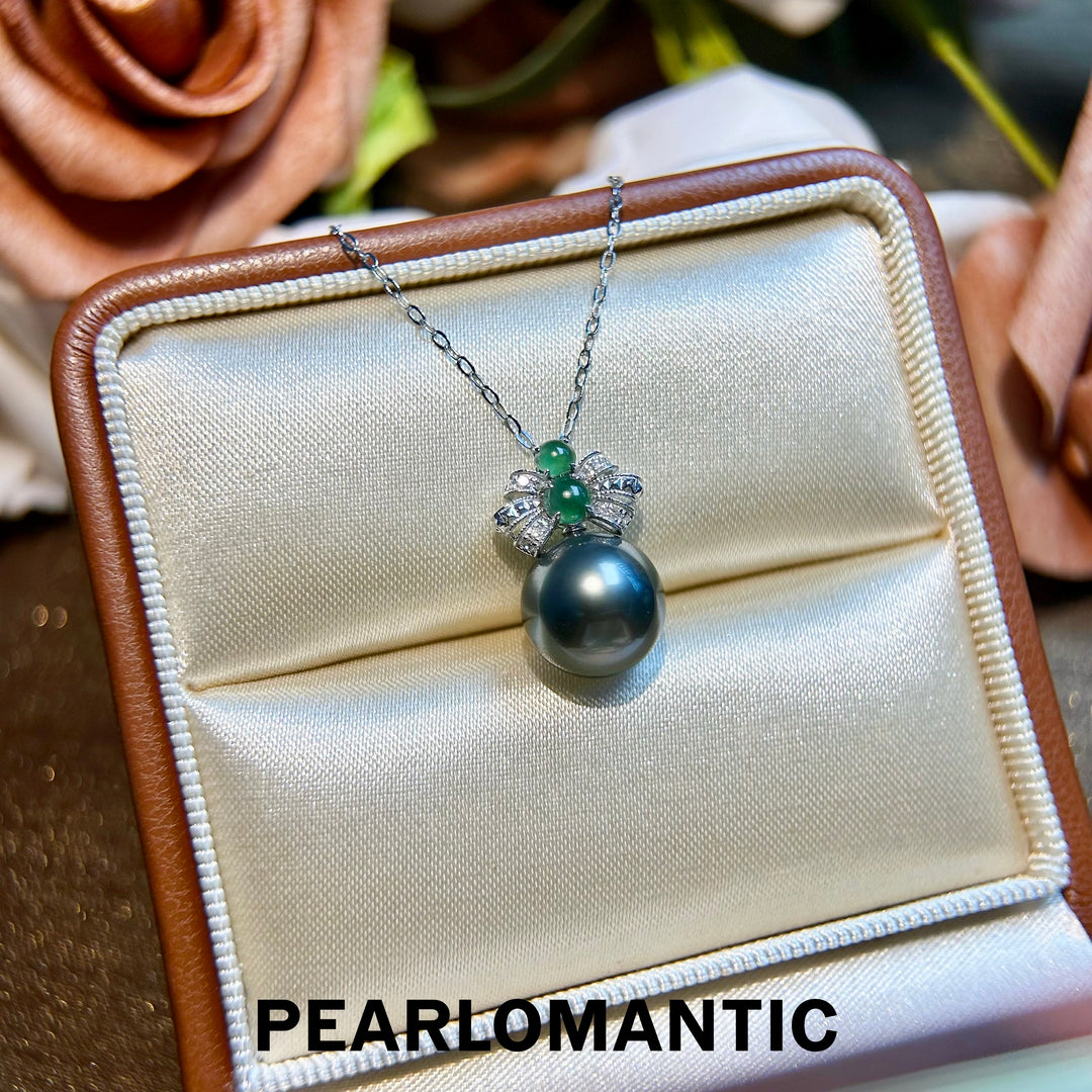 [Fine Jewelry] Lustrous Tahitian Pearl Pendant with Jade - 18k Gold Bow Accent Pendants