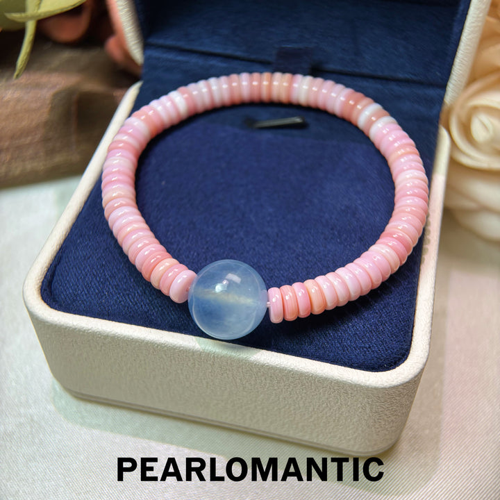 [Designer’s Choice] Blush Aqua Top-Level Conch Shell &amp; 14mm Aquamarine Bracelet
