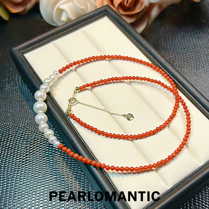 [Fine Jewelry] 18k Gold & Freshwater Pearl & Red Coral Vermilion Tide Adjustable Necklace