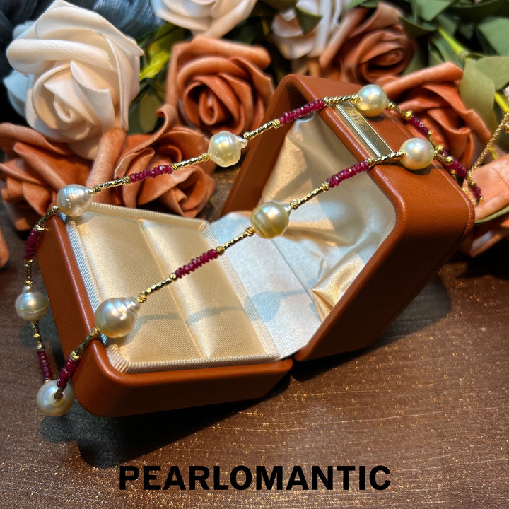 [Designer's Choice] South Sea Golden Pearl & Ruby Adjustable Necklaces w/ S925 Silver