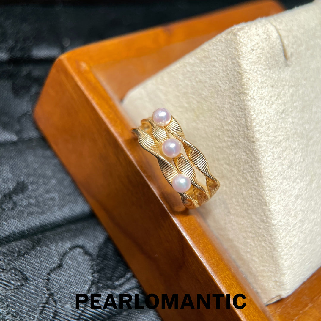 [618 Sale] 3–4mm 5A Akoya Pink Tone Triple Wave Ring w/ S925 Silver