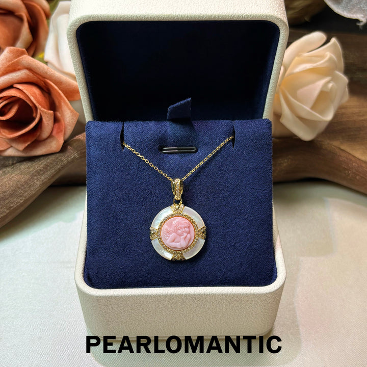 [Everyday Essentials] Angel Cameo Carved Conch Shell &amp; MOP Gold-Plated Pendant