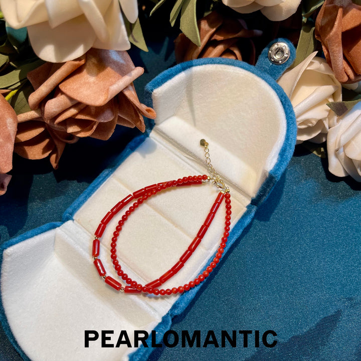 [Fine Jewelry] 18k Gold & Red Coral Doubale Layer Two Shapes Bracelets Adjustable