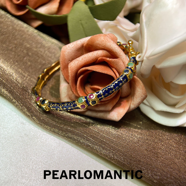 [Designer’s Choice] Royal Azure S925 Gold-Plated Blue Enamel &amp; Multicolor Gemstone Bangle