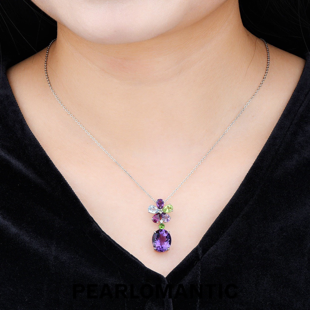 [Designer's Choice] S925 Silver Amethyst & Multi-Gem Floral Necklace w/ Silver Chain