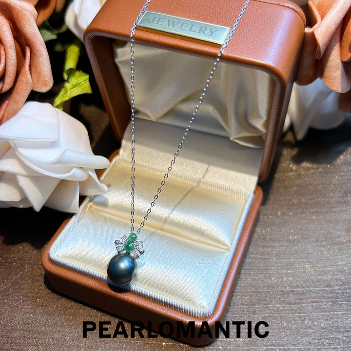 [Fine Jewelry] Lustrous Tahitian Pearl Pendant with Jade - 18k Gold Bow Accent Pendants