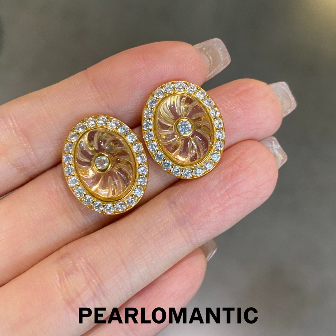 [Designer’s Choice] Golden Spiral S925 Gold-Plated White Quartz &amp; Zirconia Stud Earrings