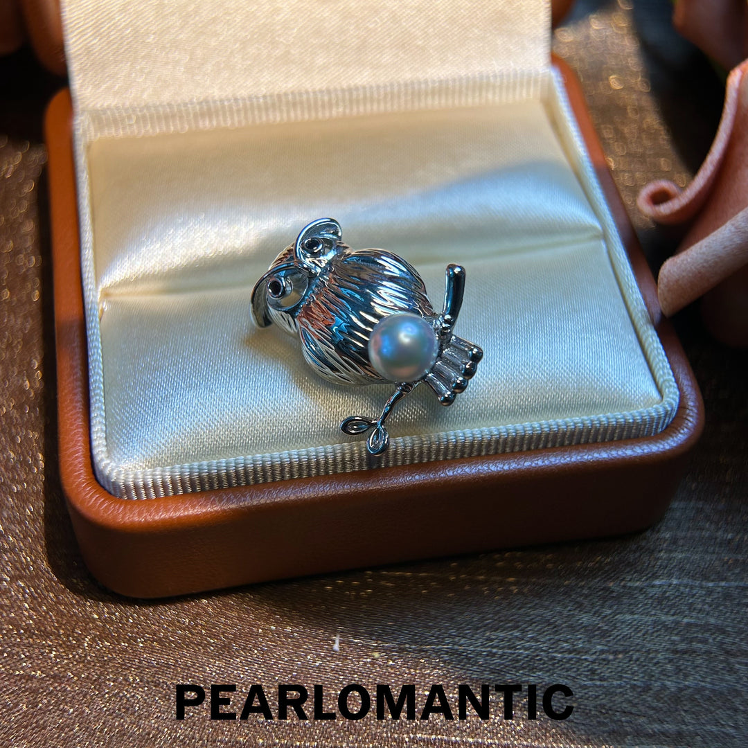 [Everyday Essentials] Akoya Silver Blue Round Pearl Owl Wisdom Alloy Brooches