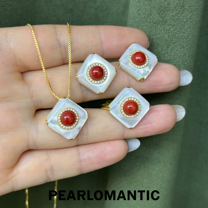 [Everyday Essentials] Crimson Square – Coral in Mother-of-Pearl Jewelry Sets w/ S925 Silver
