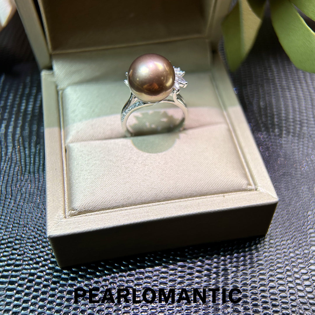 [Elección del diseñador] Anillo de perlas metálicas raras de emperatriz de bronce único de 12.4 mm con plata S925