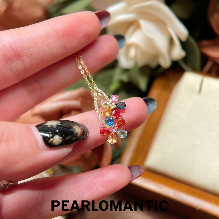 [Fine Jewelry] 18k Gold Multicolored Sapphires Glamour Blossom Pendants w/ Adjustable Chain