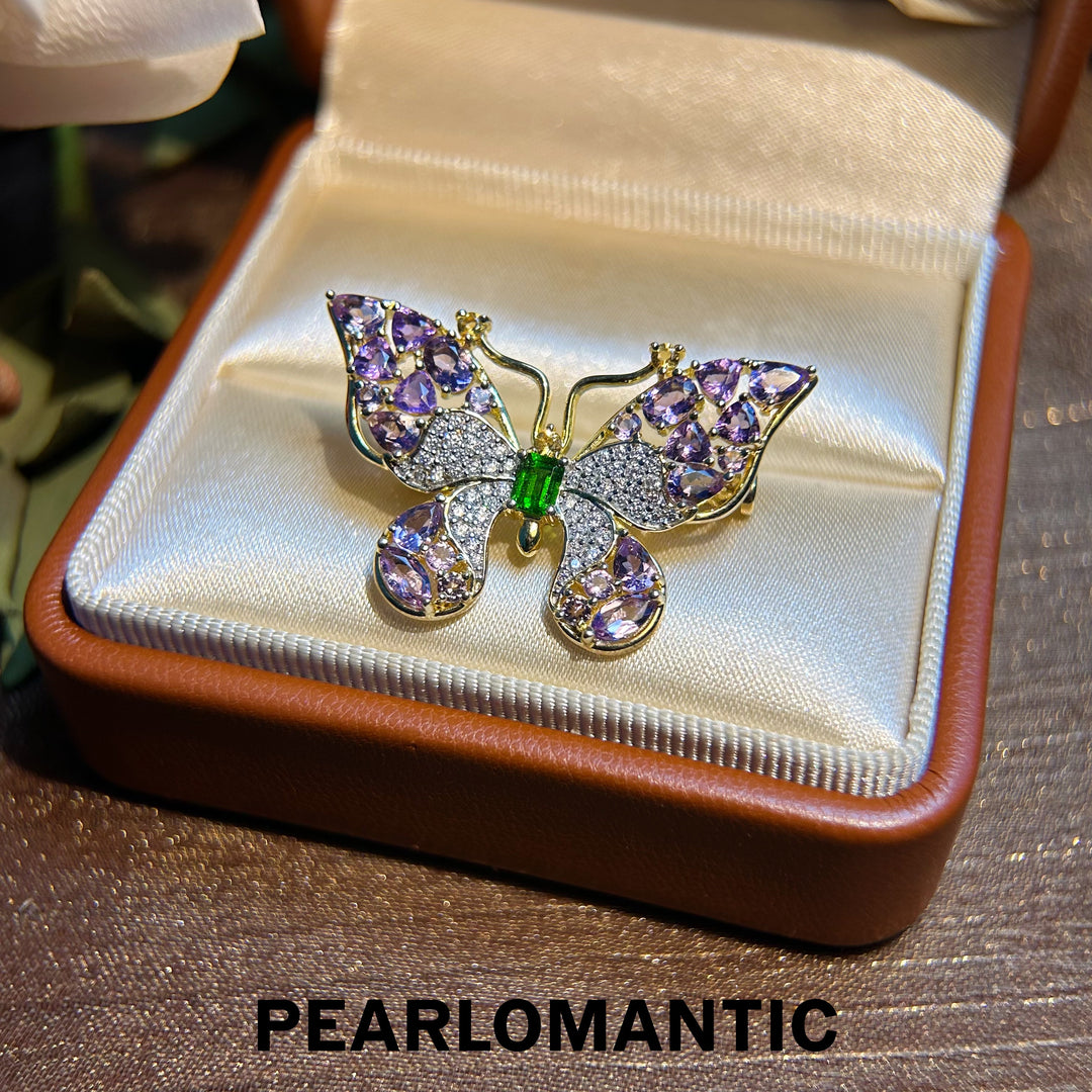 [Designer's Choice] Gorgeous S925 Butterfly Brooch 2.2ct Amethyst and Diopside Inlay