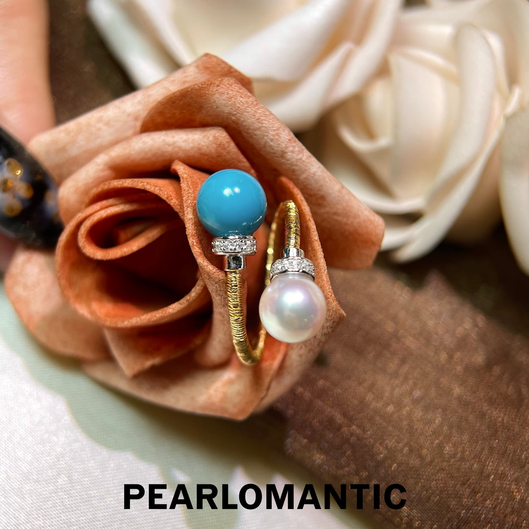 [Designer’s Choice] Ocean Duo 8–8.5mm Turquoise &amp; Akoya Pearl Gold-Plated Open Bangle