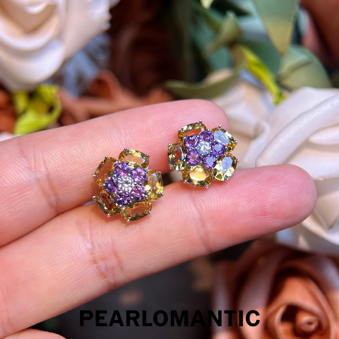 [Designer's Choice] Citrine & Amethyst Masterfully Made Italy S925 Floral Ear Studs
