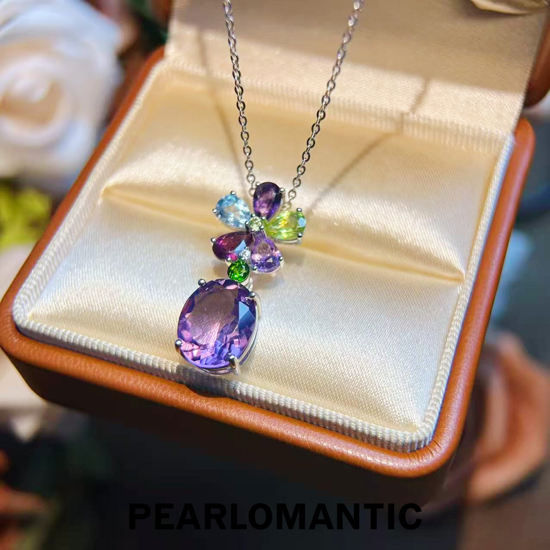 [Designer's Choice] S925 Silver Amethyst & Multi-Gem Floral Necklace w/ Silver Chain