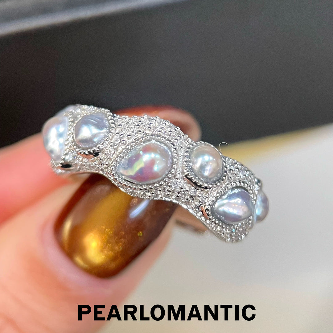 [Designer's Choice] Akoya Keshi Pearl Lustrous Pave-Set Textured S925 Adjustable Ring