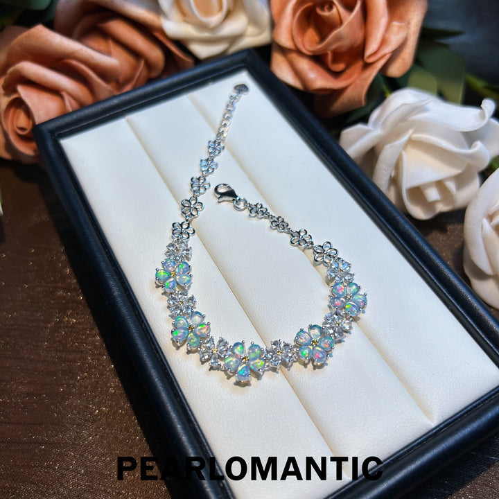 [Designer's Choice] Iridescent Opal & Rock Crystal Floral Bloom S925 Adjustable Bracelet