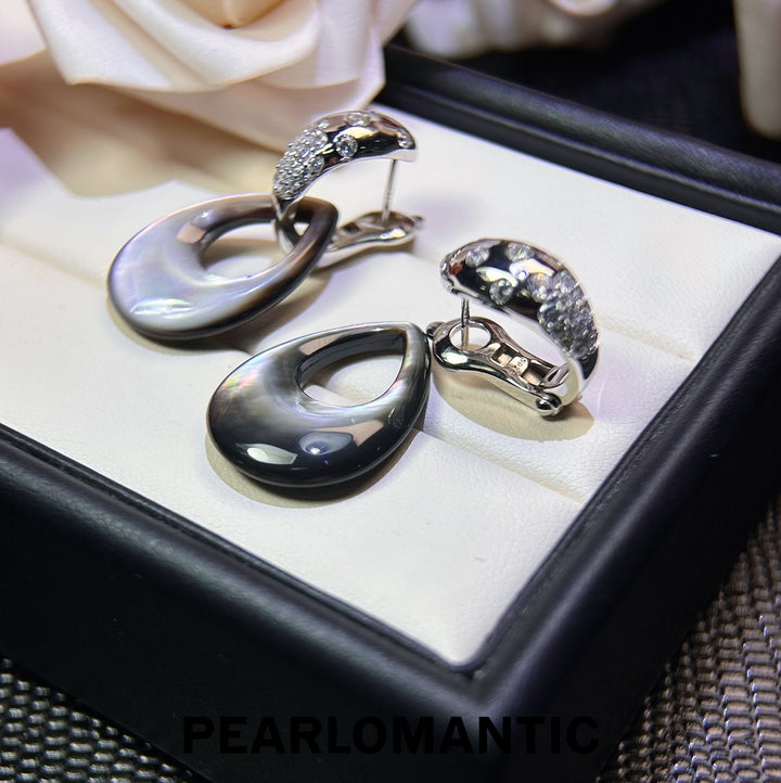 [618 Sale] Hand-Carved MOP Black Teardrop Convertible Earrings w/ S925 Silver