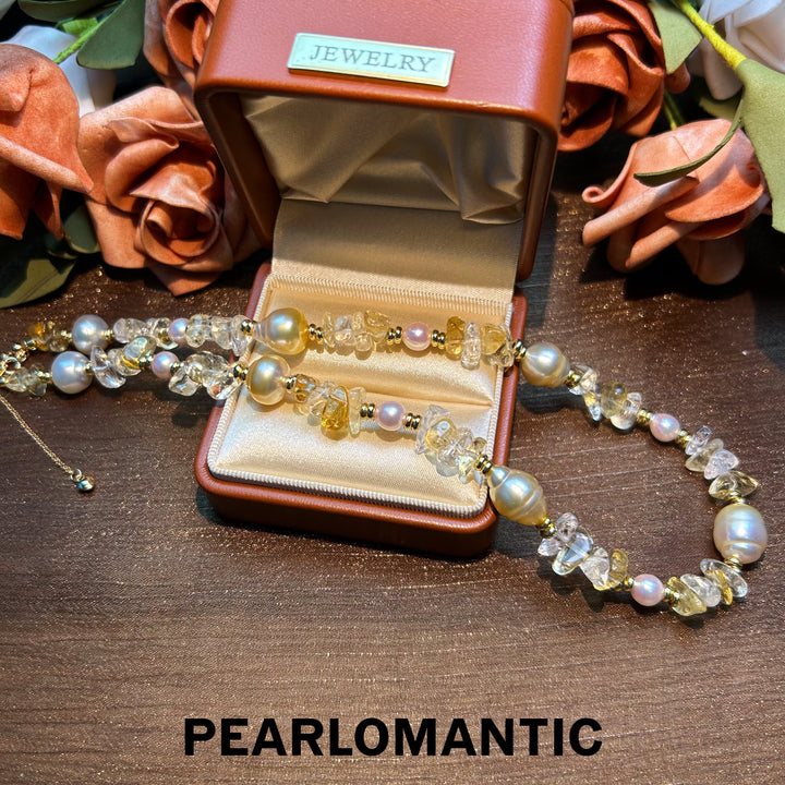 [Designer's Choice] Tri-Pearls One-of-Kind Golden Sunlight Adjustable Necklace w/ Silver