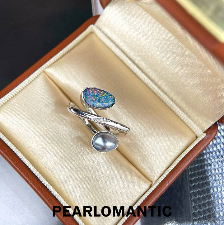 [Designer's Choice] Tahitian Keshi Pearl & Australian Opal Twisted Teardrop S925 Ring