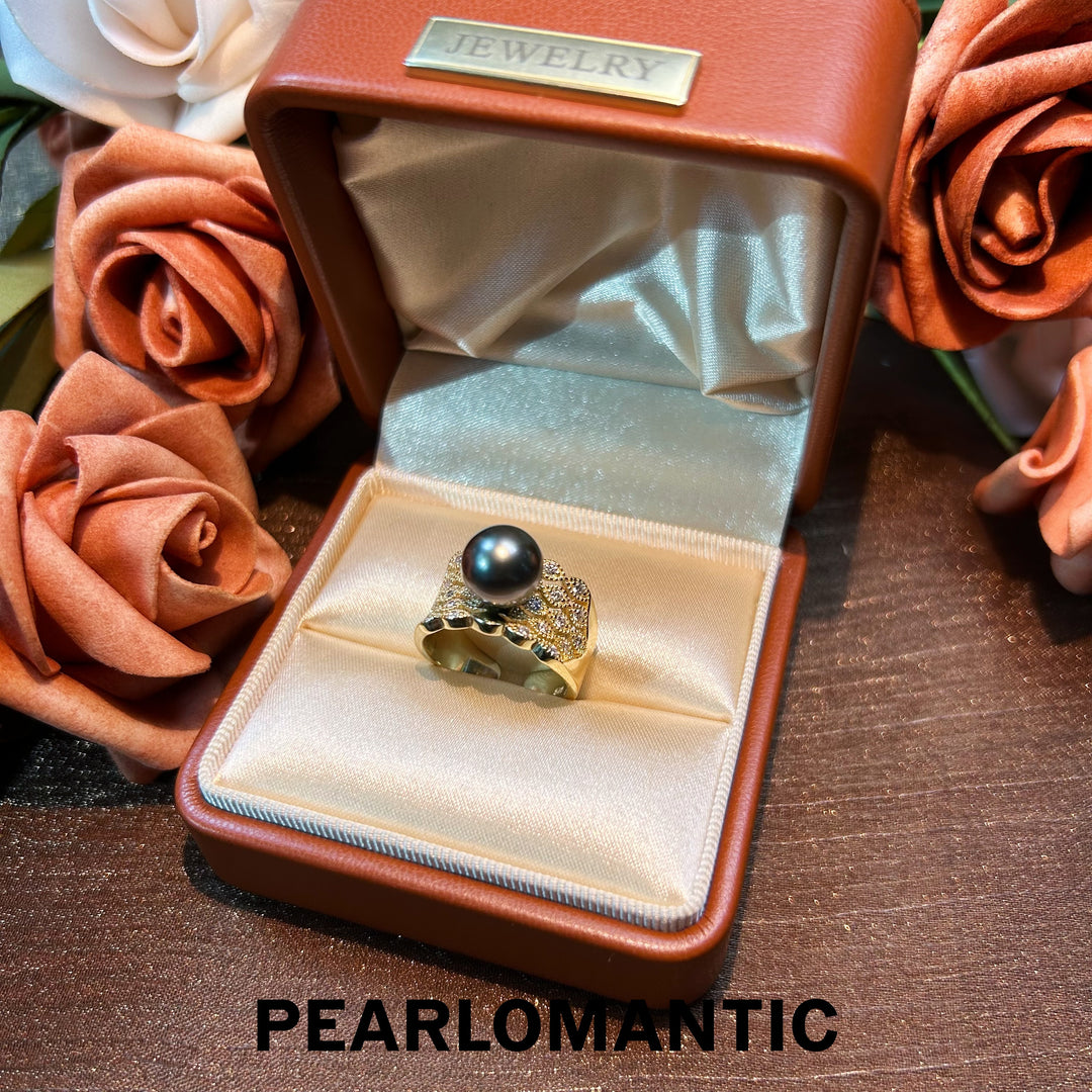 [Designer's Choice] Tahitian Black Pearl Vintage Engraved S925 Silver Adjustable Rings