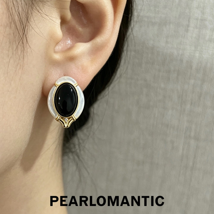 [618 Sale] Black Agate White MOP Oval Frame Earrings w/ S925 Silver