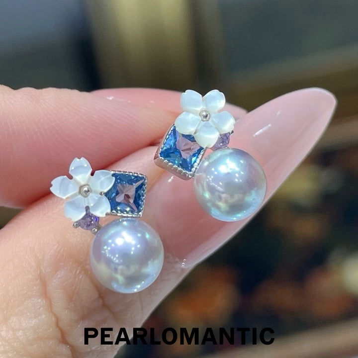 [Designer’s Choice] Blue Blossom Freshwater Pearl &amp; Akoya Madama Stud Earrings