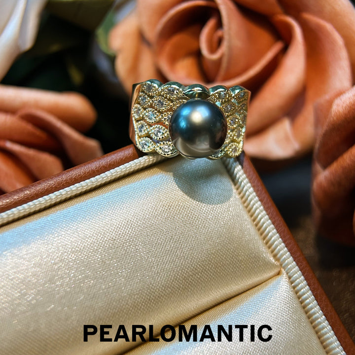 [Designer's Choice] Tahitian Black Pearl Vintage Engraved S925 Silver Adjustable Rings