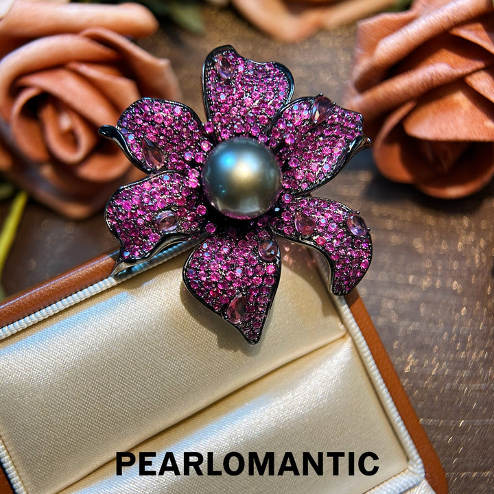 [Designer's Choice] Tahitian Platinum Gray Rare Color Pearl Dark Rose Brooches