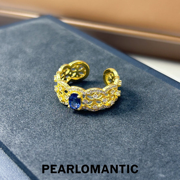 [Designer's Choice] Sapphire 0.6ct + Zircon Buccellati Style Adjustable Ring w/ S925 Gold Plated