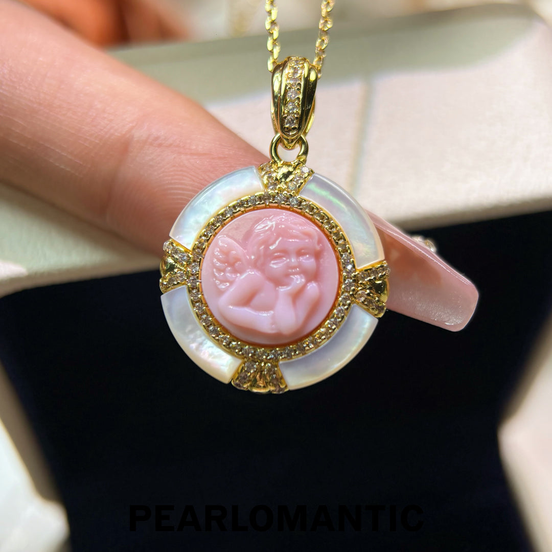 [Everyday Essentials] Angel Cameo Carved Conch Shell &amp; MOP Gold-Plated Pendant