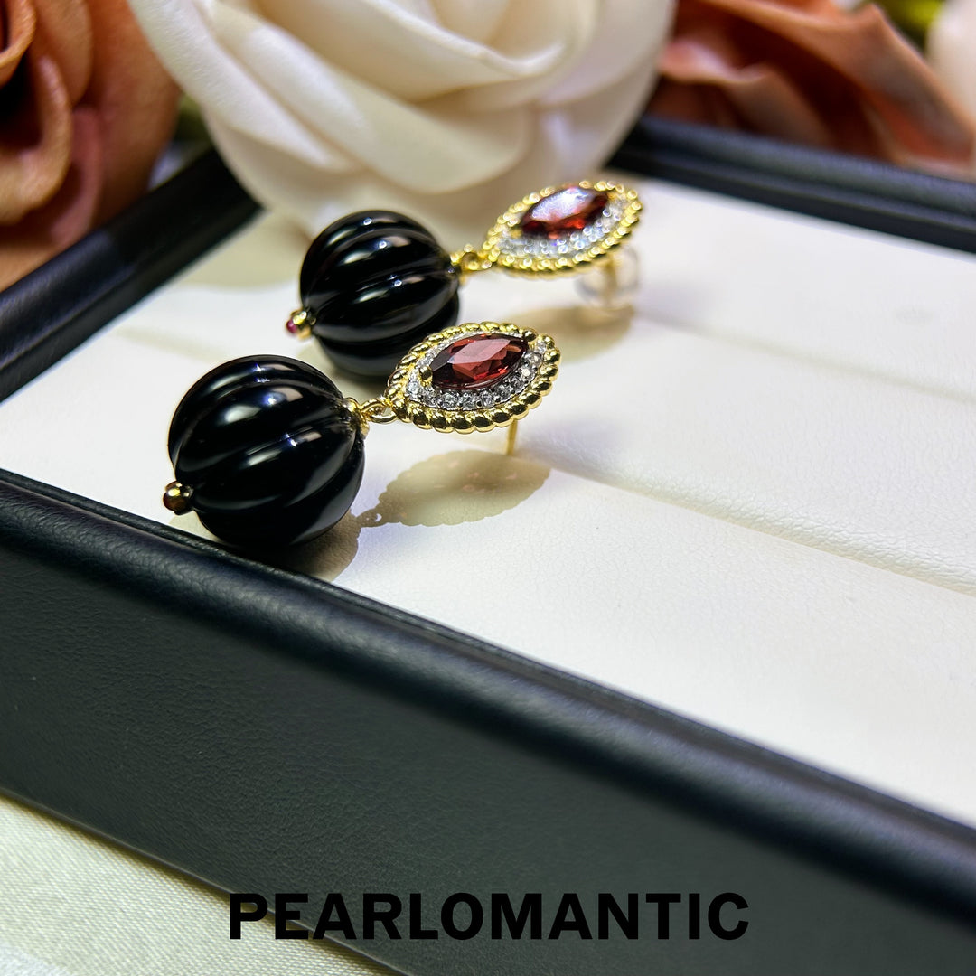 [618 Sale] Black Agate Pumpkin Cut Drop Earrings w/ S925 Silver