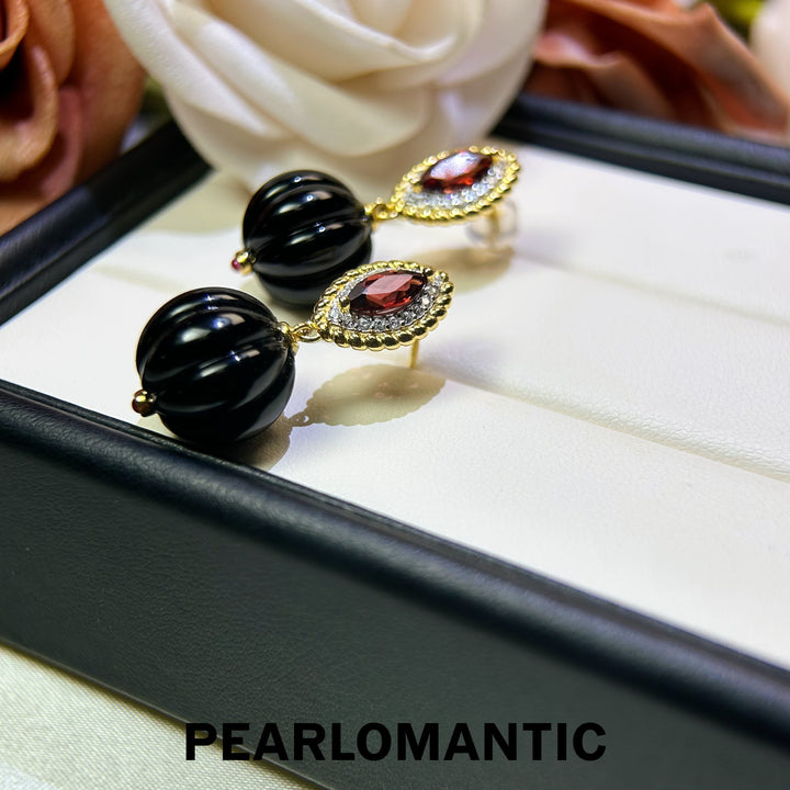 [618 Sale] Black Agate Pumpkin Cut Drop Earrings w/ S925 Silver