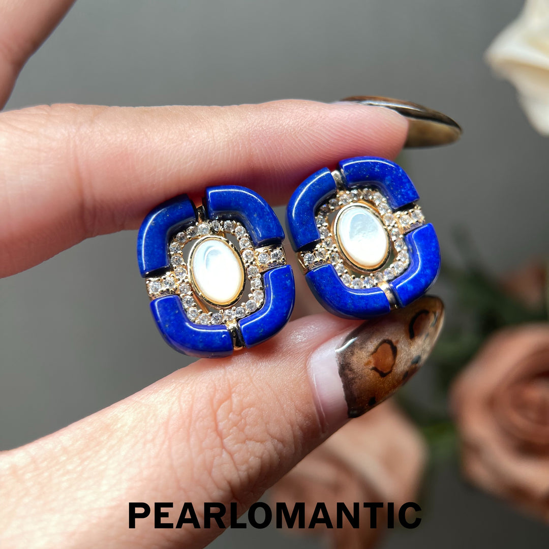 [618 Sale] Natural Lapis Lazuli Blue Frame MOP Stud Earrings w/ S925 Silver