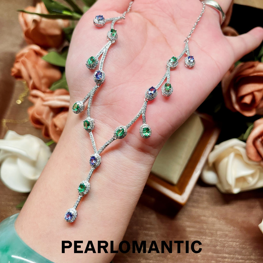 [Designer's Choice] S925 Silver Elegant Twig Necklace with Tsavorite and Tanzanite